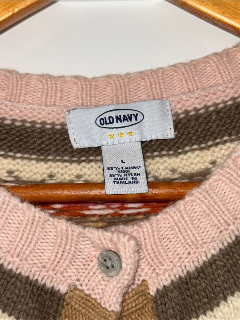 Vintage Old Navy Lambswool Blend Fair Isle Cardigan w/ Pink & Cream Trim Sz LG - Picture 2 of 3